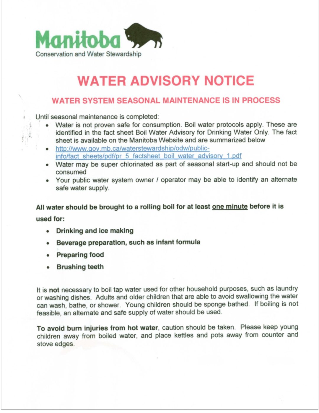 spring water advisory over chlorination Spruce Sands
